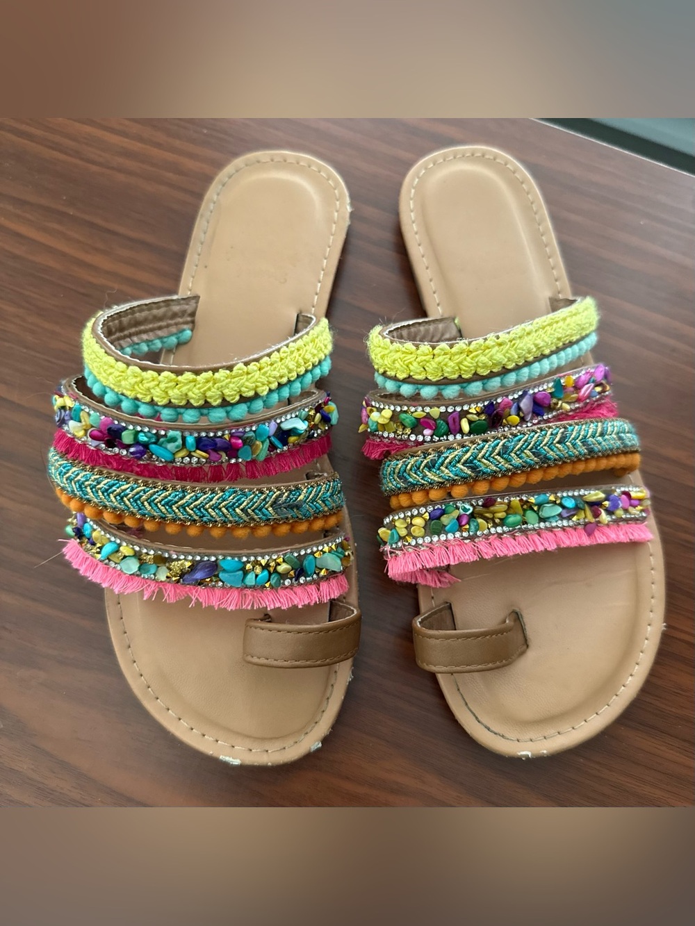 Boho Multicolor Embellished Slide Sandals - Women